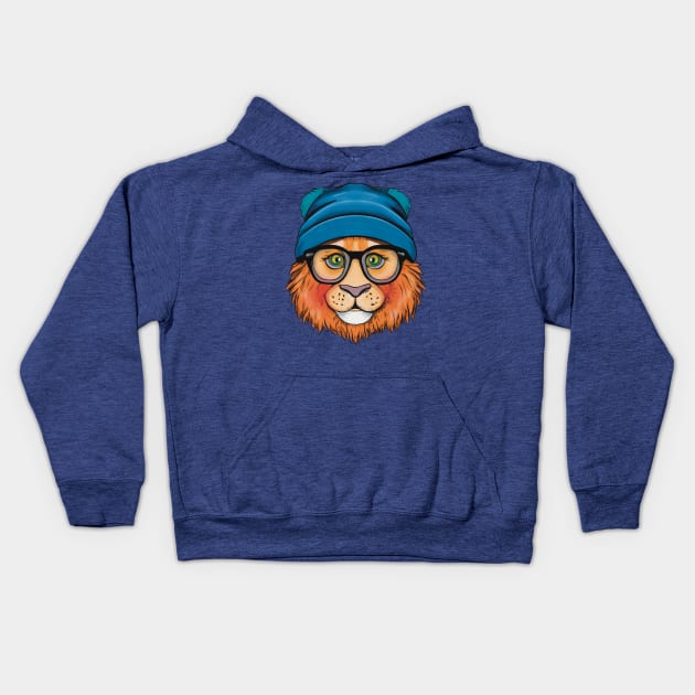 Orange Lion Wearing Glasses and a blue Hat Kids Hoodie by FlippinTurtles
